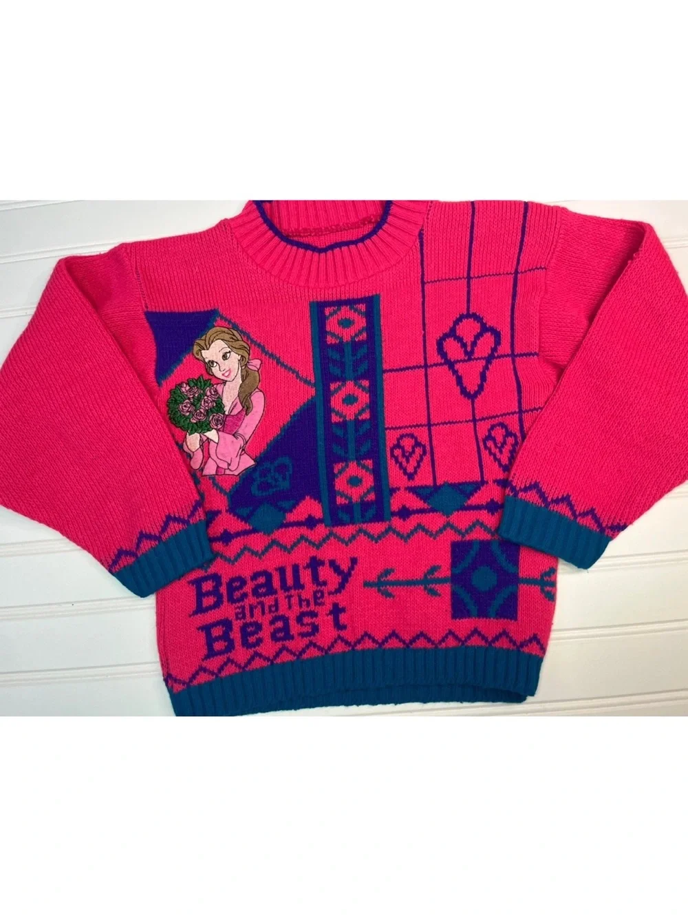 Vintage 90s Disney Beauty and the Beast Pink & Navy Graphic Knit Sweater RARE